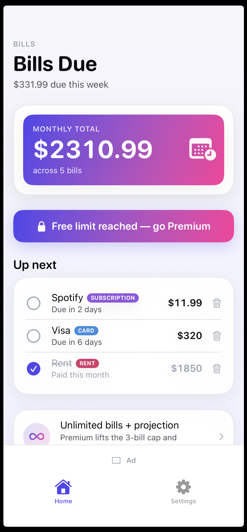 Bills Due — home screen
