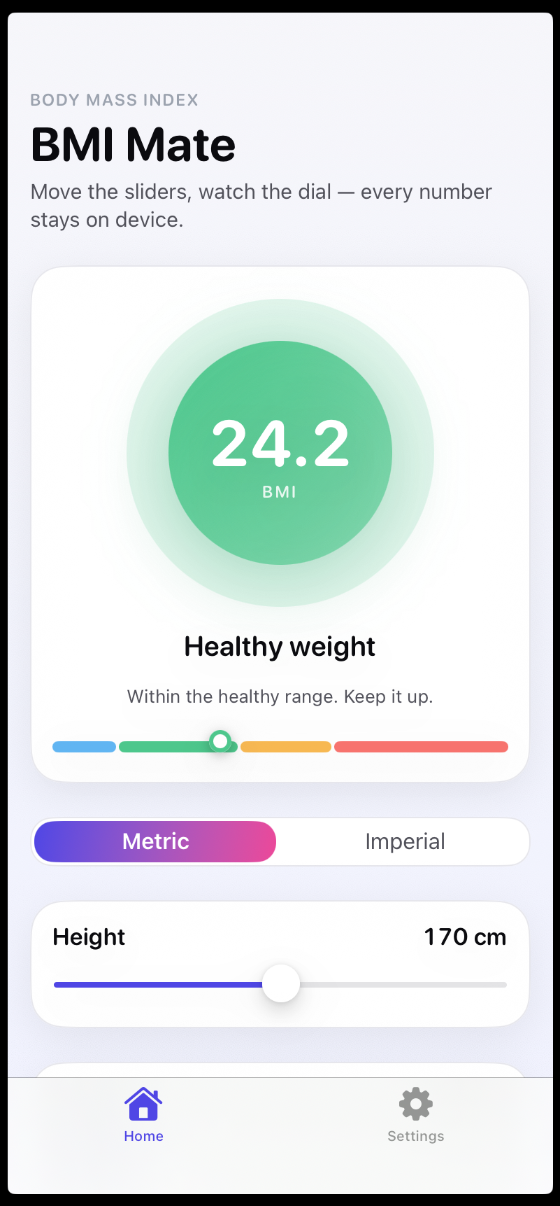 BMI Mate — home screen