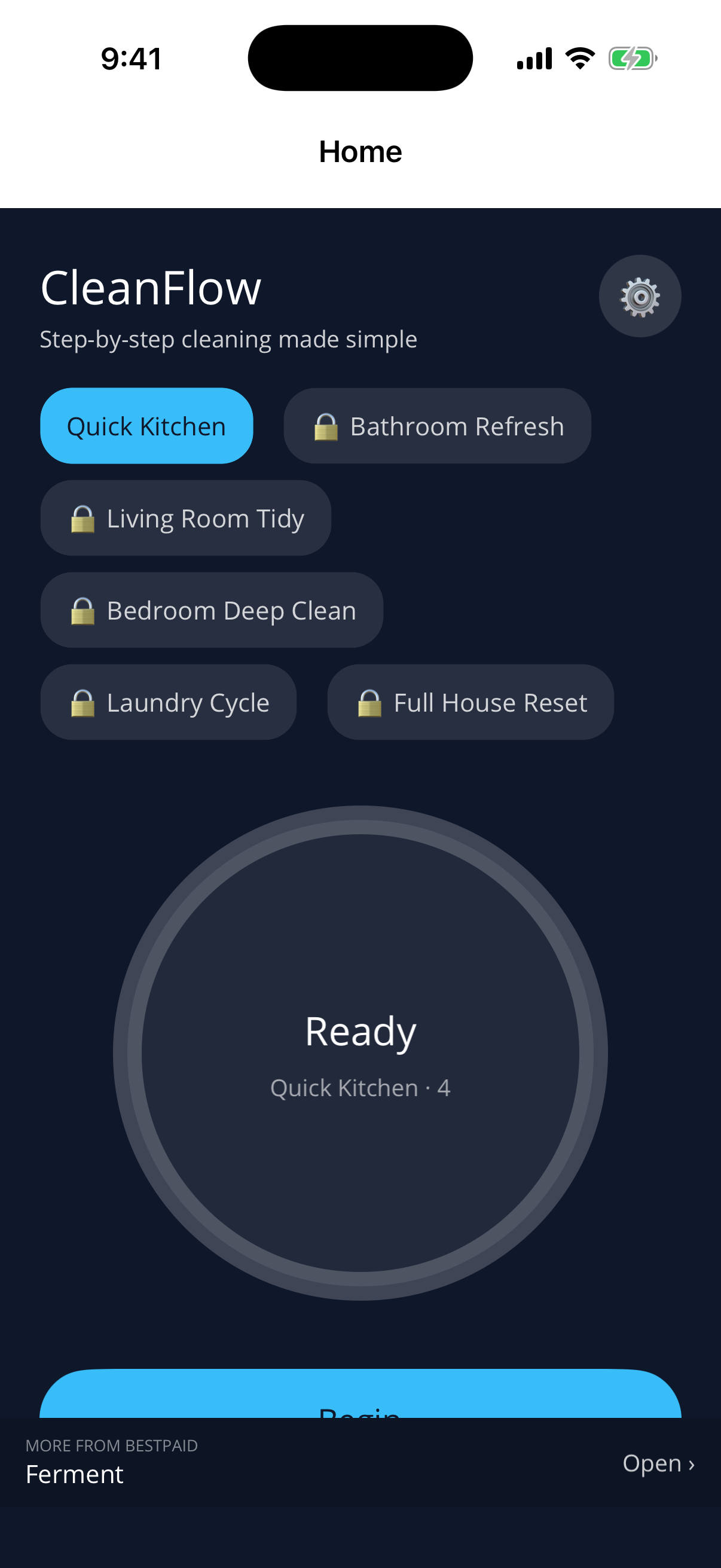 CleanFlow — home screen