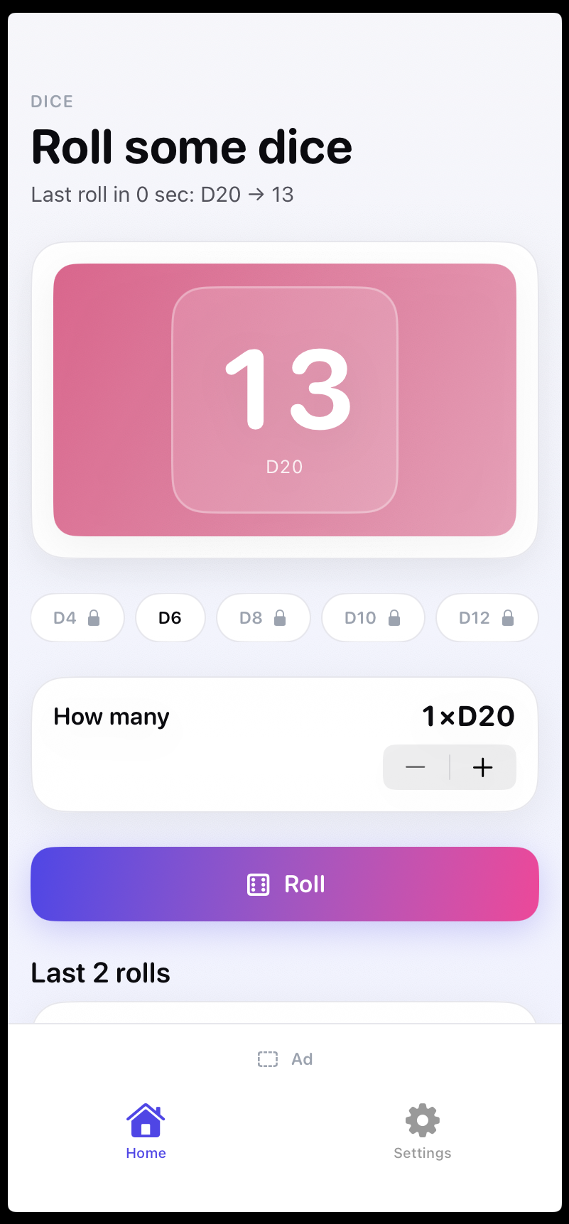 Dice Roll — home screen
