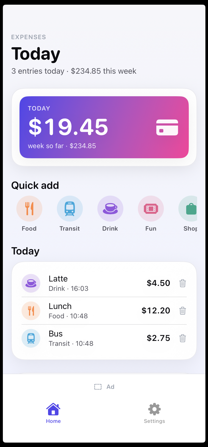 Expense Quick — home screen