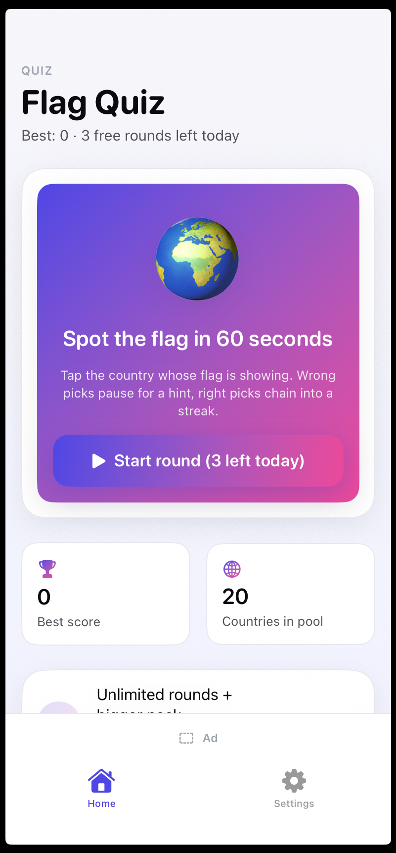 Flag Quiz — home screen