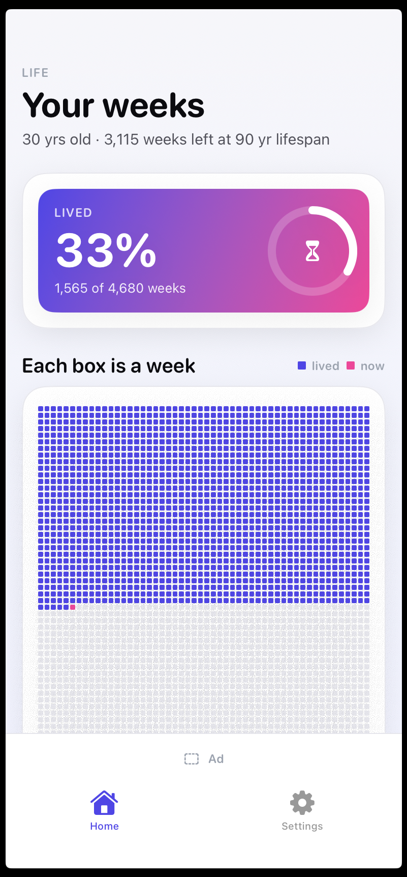 Life in Weeks — home screen