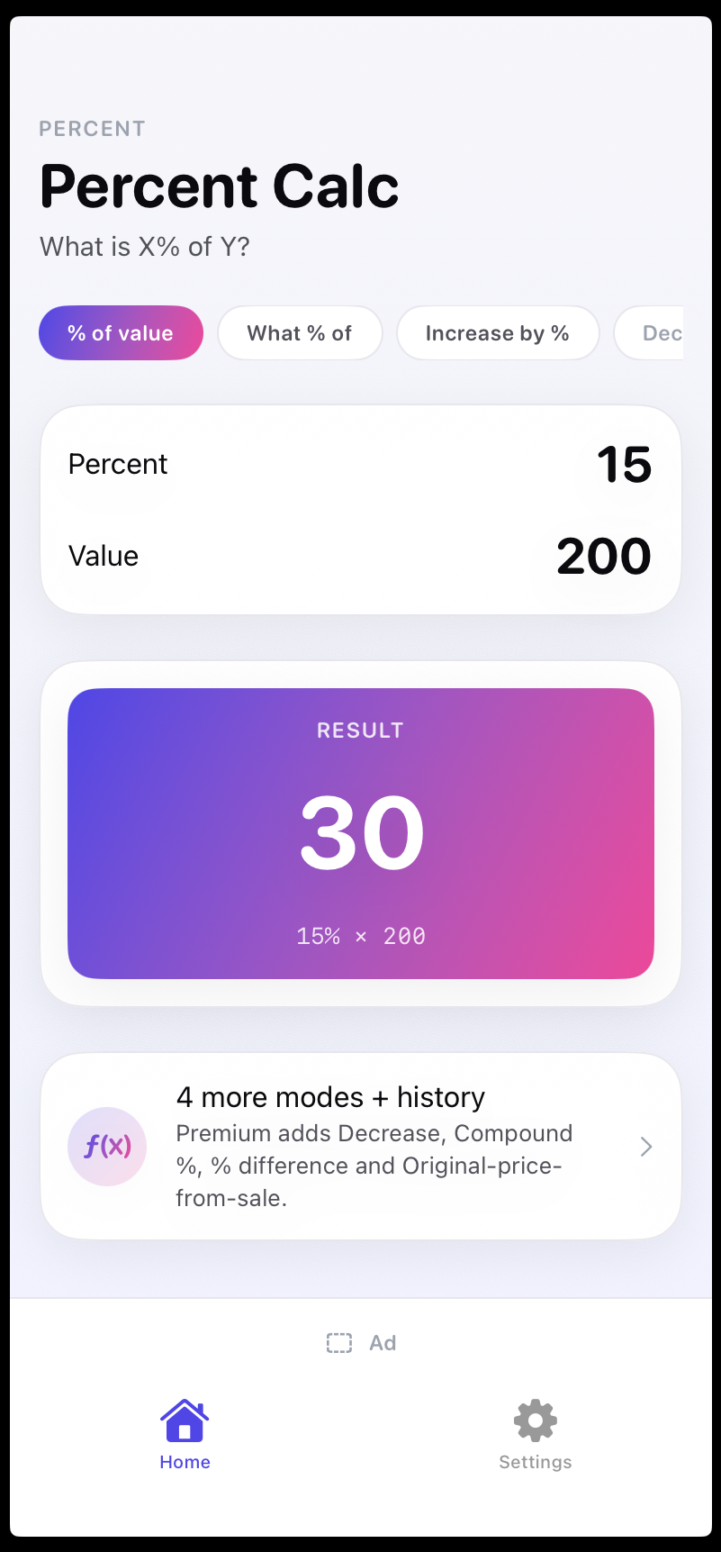 Percent Calc — home screen