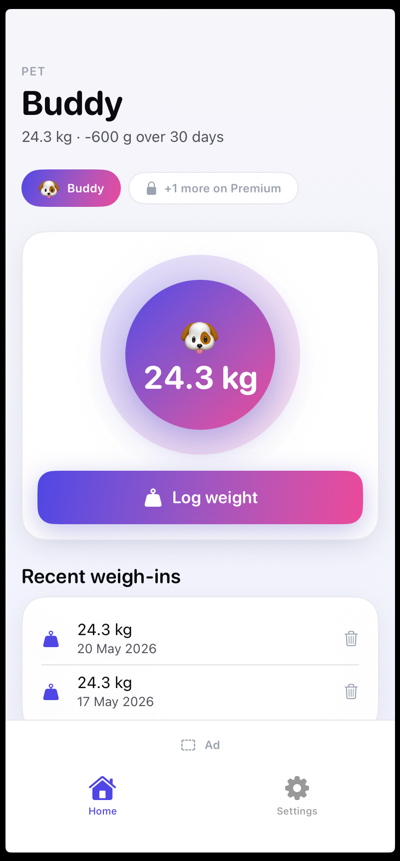 Pet Weight — home screen