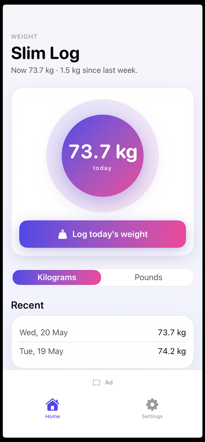 Slim Log — home screen