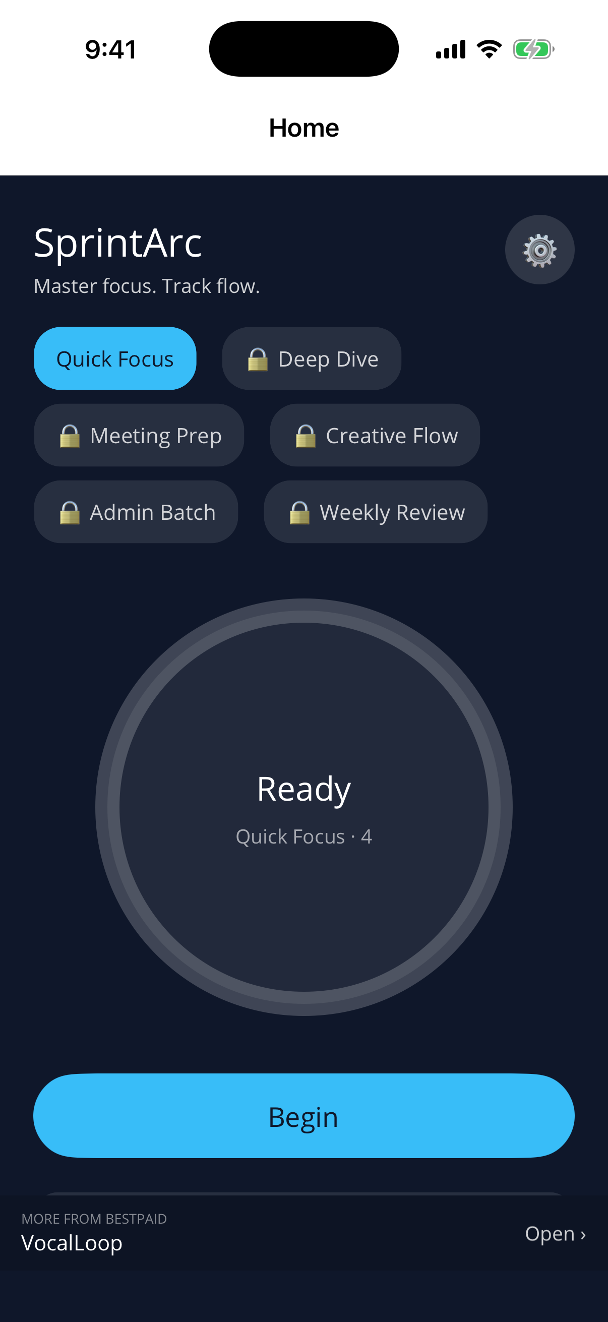 SprintArc — home screen