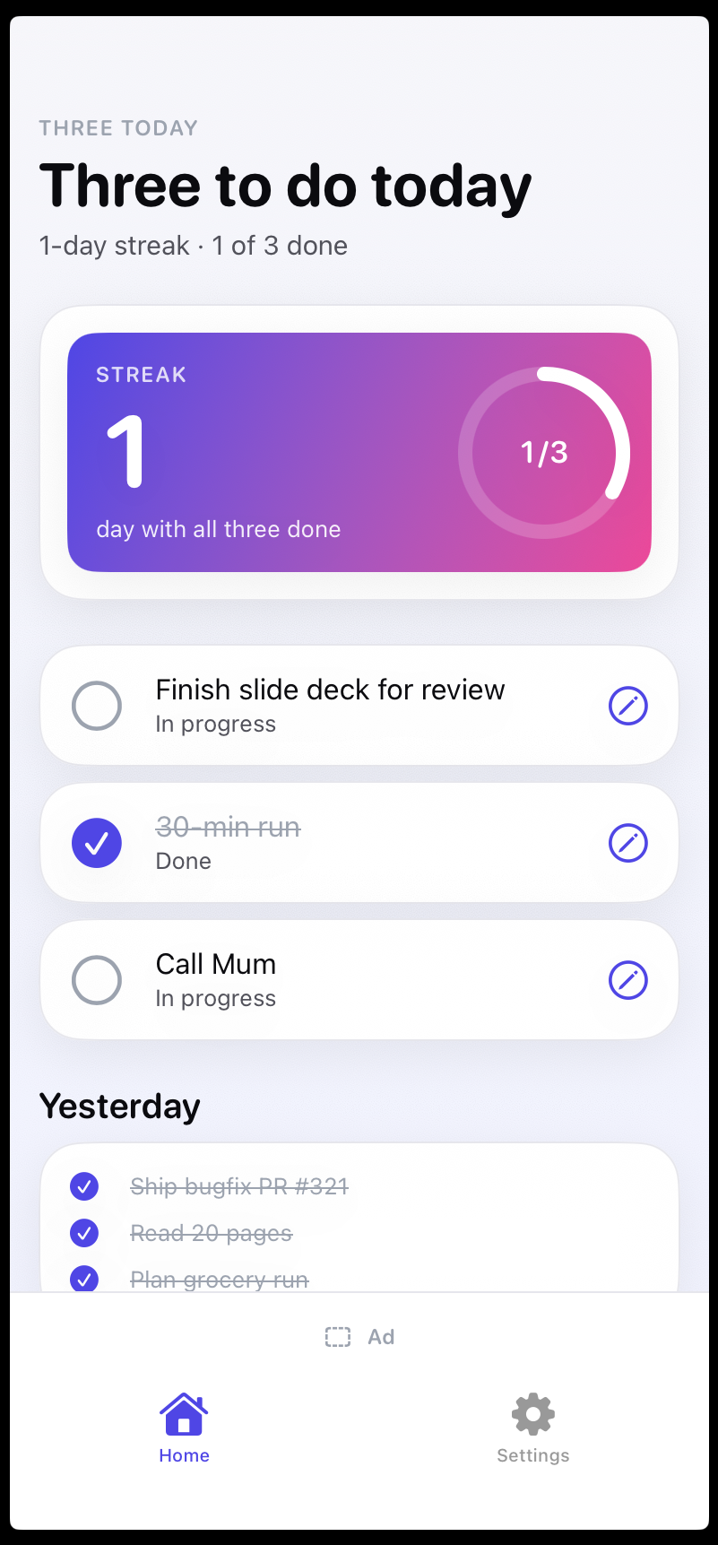 Three Today — home screen